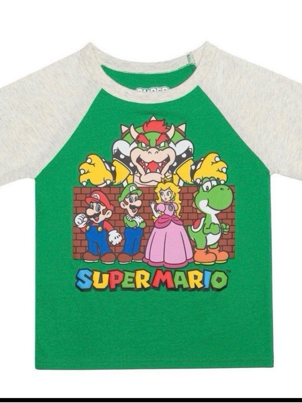 Kids Super Mario Graphic T-Shirt Green Raglan Tee Mario, Luigi, Peach, Yoshi 2T